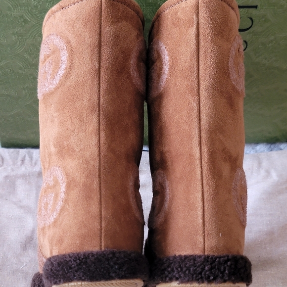 GUCCI SHEARLING BOOTS BROWN SUEDE GUCCI LOGO PRESTIGE GIANT PRINT 39.5 =9.5US - Picture 8 of 16